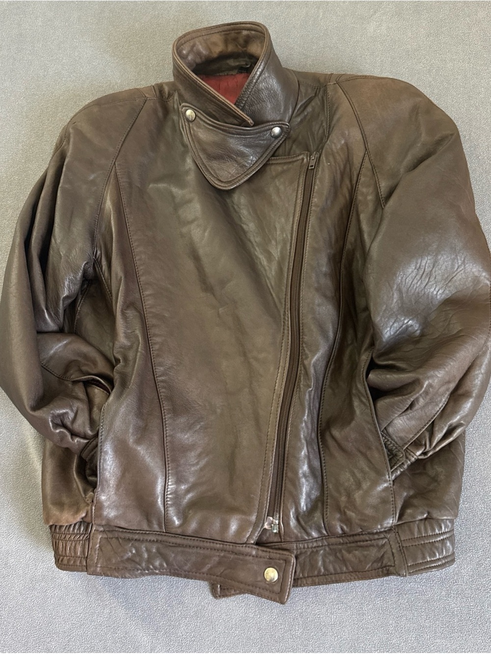VTG Dominique Women’s Leather Bomber Jacket Brown Size 4 Asymmetrical Zip